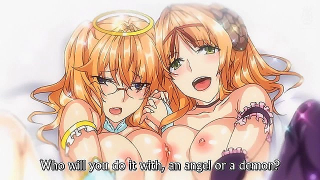 Busty Anime SchoolGirls 18+  as Angel and Devil Deliver Double Pleasure Blowjob