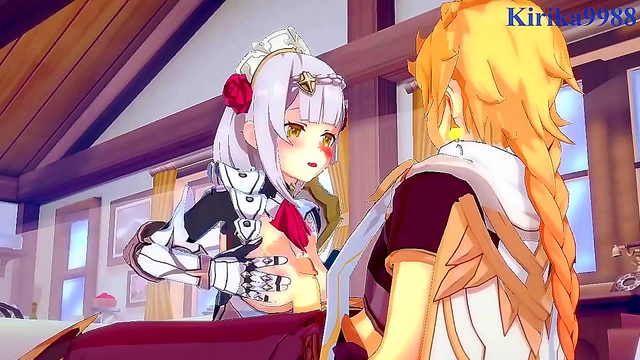 Passionate 3D Anime Encounter with Busty Noelle, Shenhe, and Aether from Genshin Impact