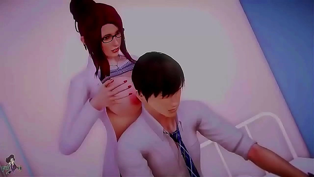 Redhead Nurse Pleasures Big-Cock Doctor with Seductive blowjob and titjob at Waifu Academy
