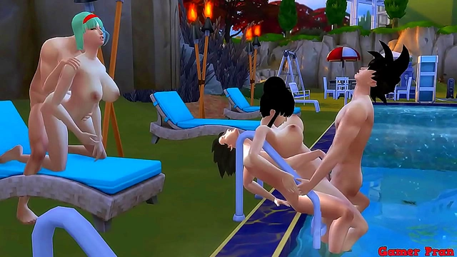 Wives Bulma & Chichi Indulge in Steamy Pool Orgy with Stepsons