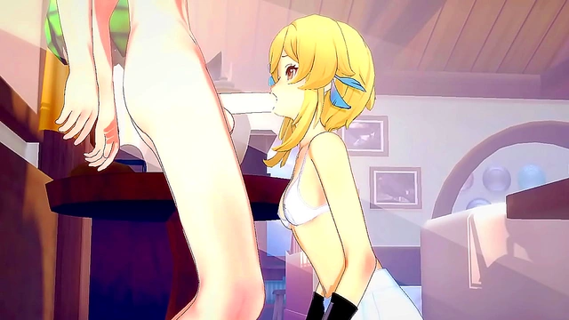 Lumine Pleasures Razor with Seductive blowjob in Genshin Impact Scene