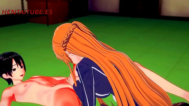 Asuna Pleasures Kirito in Sword Art Online with steamy blowjob and cum-filled finish.