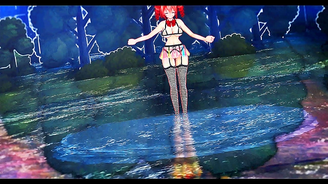 Seductive hentai babe dances erotically to passionate song in MMD style scene.