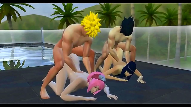 Hinata and Sakura Exchange Partners for Steamy Naruto Hentai Poolside Pleasure
